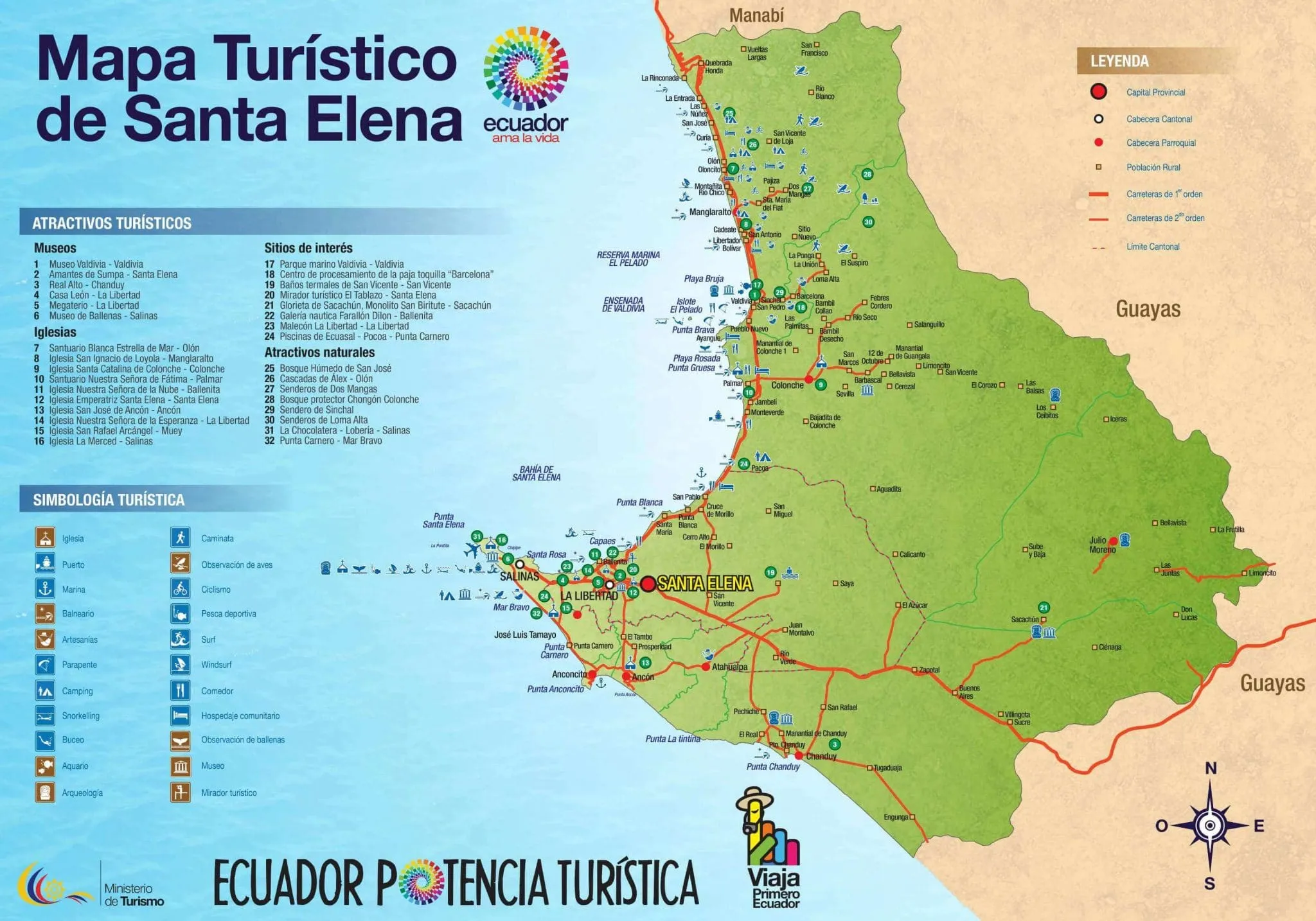 Mapa de playas y lugares turisticos de Santa Elena Ecuador